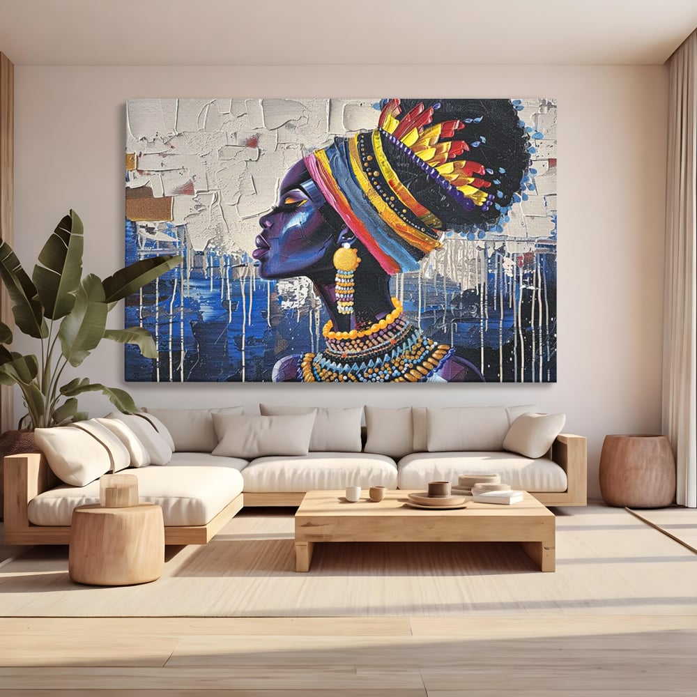 Tablou canvas cu tablou canvas cu regina africana in profil, fara rama, pe sasiu de lemn, pe perete intr-un living
